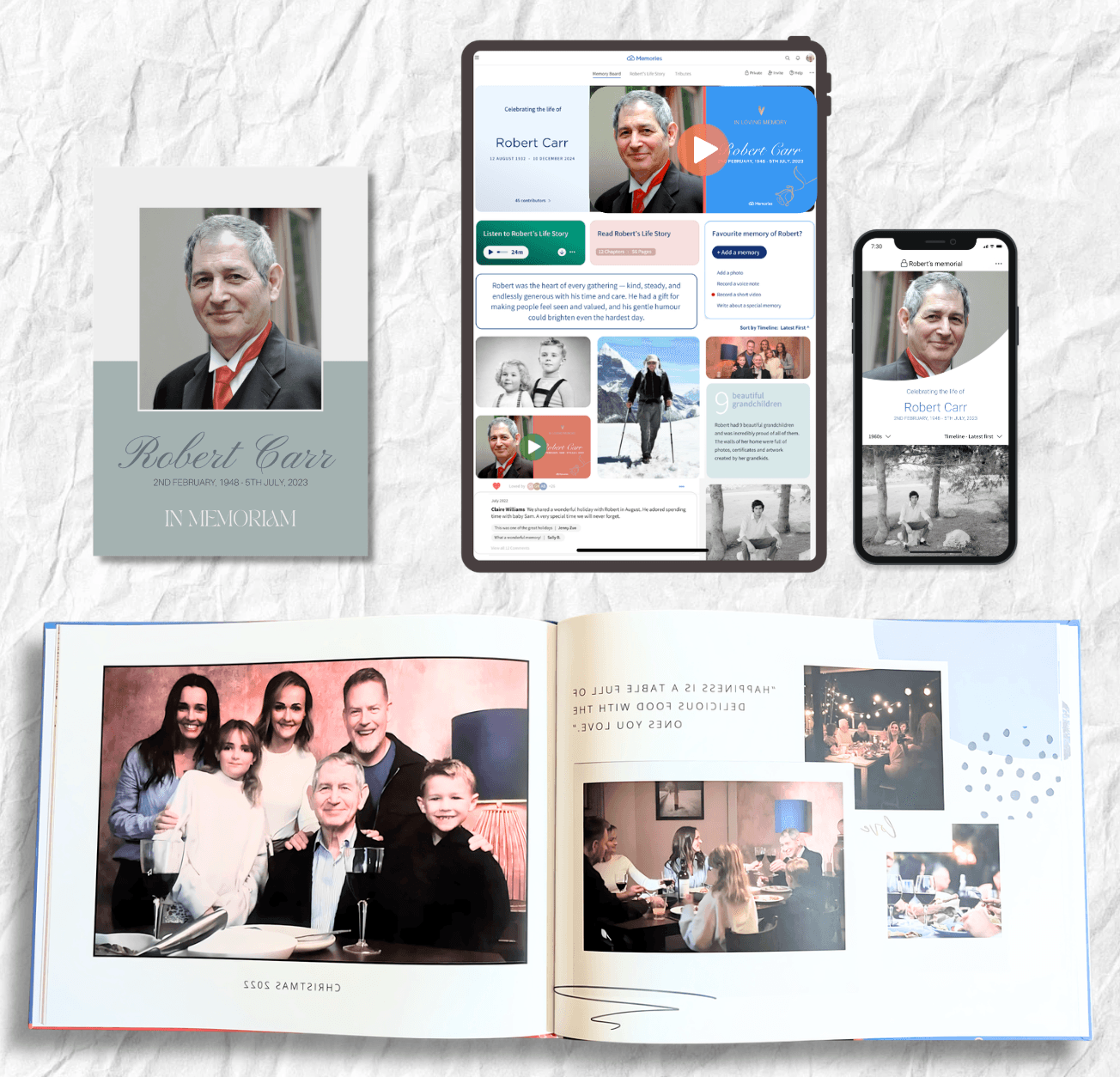 Memorial products - card, tablet, phone, and photo book